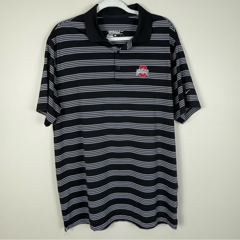 Nike Golf Polo Ohio State Mens Large Black White Strip Short Sleeve Top Shirt